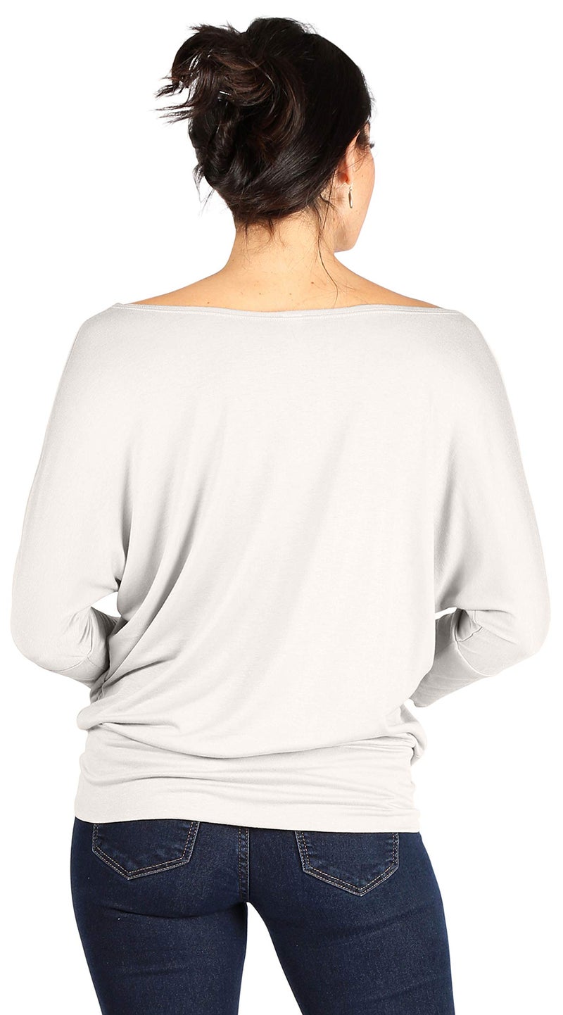 Simlu Womens Jersey Off the Shoulder Sweater Top Round Scoop Neck,Ivory,Small - Image 3